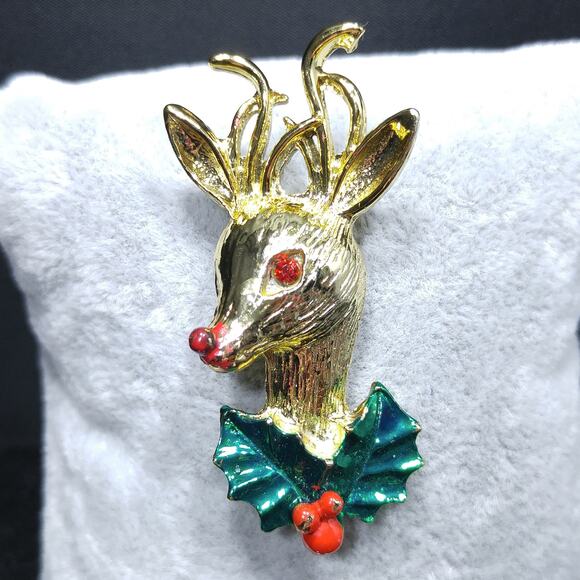 Vintage Rudolph Red Nose Reindeer Brooch, Enamel Holly, 1960s, 2 Inches - Picture 1 of 10